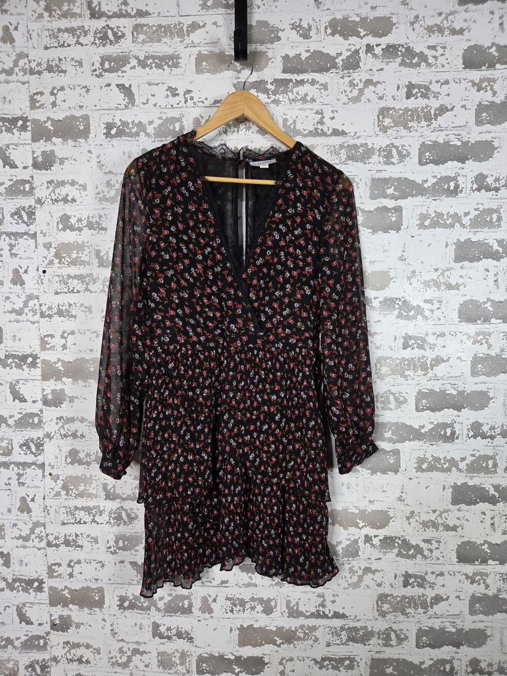 Boho Floral Chiffon Ruffle Dress V-Neck Lace Trim Long Sleeve Mini Size 2